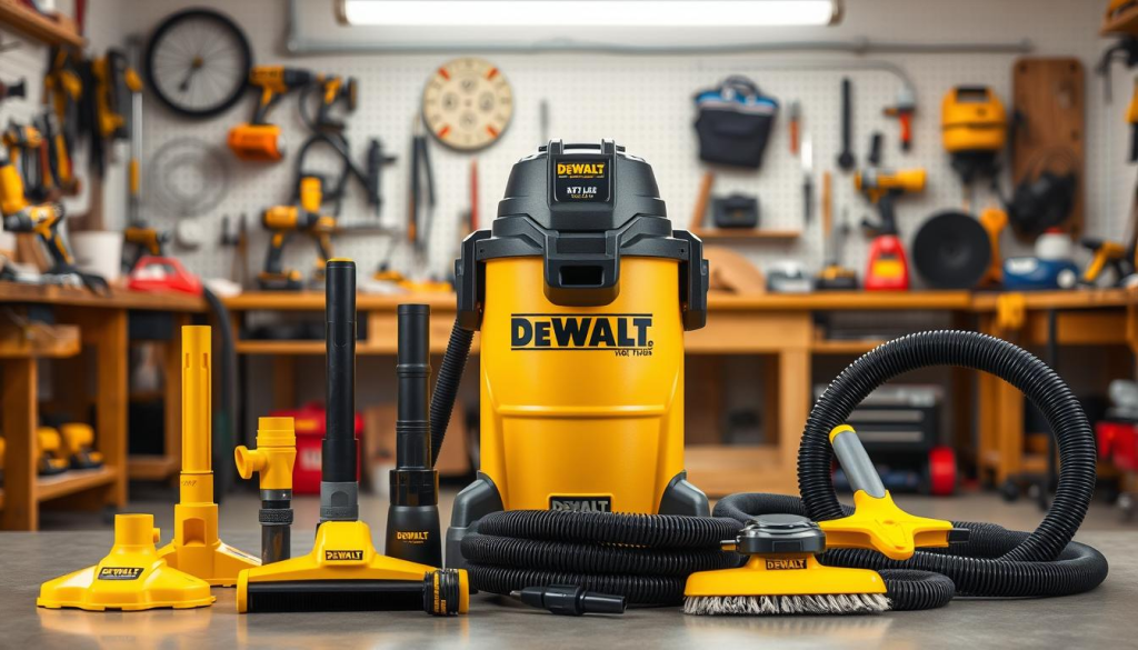 A neatly arranged display of DEWALT shop vac accessories against a clean, well-lit workshop backdrop. In the foreground, various attachments and nozzles are shown in detail - a crevice tool, a wet/dry utility nozzle, a floor brush, and a hose - all sporting the iconic DEWALT yellow and black color scheme. In the middle ground, the shop vac itself stands prominently, its sturdy construction and large capacity tank clearly visible. The background is filled with a mix of power tools, workbenches, and other workshop essentials, creating a cohesive, professional atmosphere. The lighting is bright and even, casting a warm glow over the scene and highlighting the high-quality craftsmanship of the DEWALT accessories.