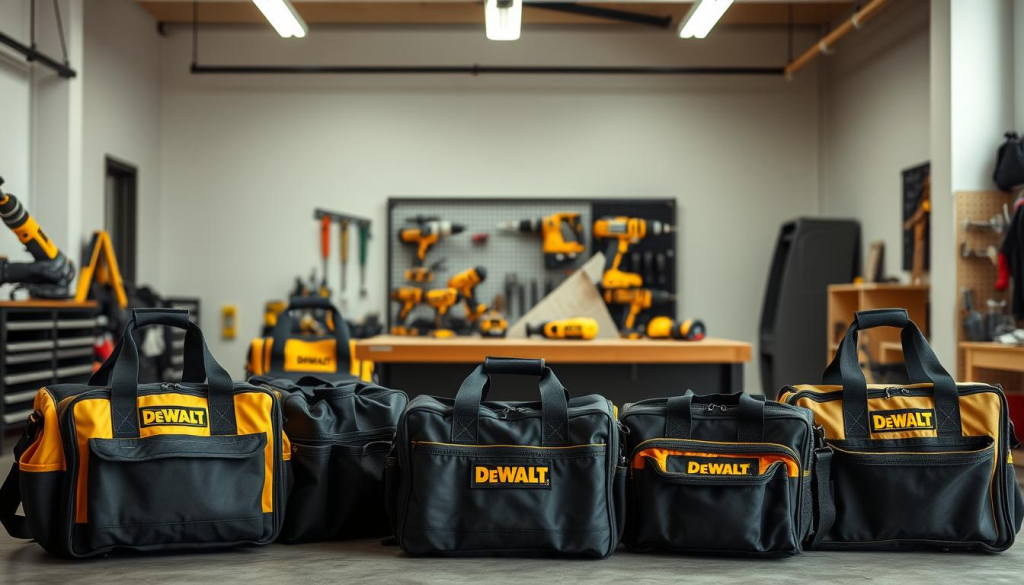 A neatly arranged display of DeWalt tool bags in a well-lit, spacious workshop setting. The bags are showcased in the foreground, with a soft, diffused lighting illuminating their durable construction and high-quality materials. In the middle ground, a selection of power tools and accessories complements the bags, creating a cohesive, professional atmosphere. The background features a clean, minimalist design, allowing the focus to remain on the versatile and practical DeWalt bag collection. The overall composition conveys a sense of organization, functionality, and the reliable quality associated with the DeWalt brand.