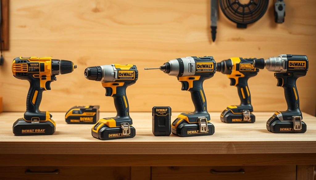 A neatly arranged display of DeWalt's latest hand tools, showcased on a clean, well-lit workbench. The tools, including a cordless drill, a circular saw, and an impact wrench, are captured from a slightly elevated angle, highlighting their sleek, ergonomic designs and intuitive controls. The warm, neutral tones of the wood and metal create a professional, workshop-inspired atmosphere, while the crisp shadows and highlights emphasize the tools' high-quality craftsmanship. The overall composition conveys a sense of efficiency, attention to detail, and the user-friendly features that make these tools essential for any modern workshop.