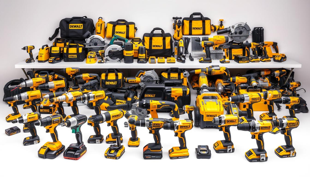 A neatly arranged lineup of DEWALT power tools, meticulously captured in a well-lit studio setting. In the foreground, an assortment of cordless drills, impact drivers, and rotary hammers stand out against a clean, neutral background. In the middle ground, a collection of circular saws, reciprocating saws, and grinders showcases DEWALT's versatile lineup. The background features a range of accessories, including tool bags, batteries, and chargers, creating a comprehensive visual representation of the brand's diverse offerings. The overall composition exudes a sense of professional craftsmanship, with the tools arranged in a harmonious and visually appealing manner, reflecting the quality and reliability associated with the DEWALT brand.