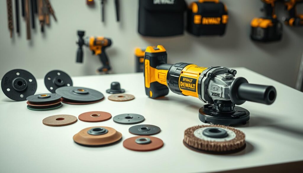A neatly arranged set of DEWALT XR grinder accessories sits on a clean, well-lit workbench. In the foreground, the powerful XR grinder takes center stage, its sleek, black and yellow body gleaming under the soft, diffused lighting. Surrounding the grinder are various attachments and accessories, including grinding discs, flap sanding pads, and a wire brush wheel, all meticulously displayed to showcase their versatility and functionality. The mid-ground features additional DEWALT tools and equipment, hinting at the broader ecosystem of the brand. The background is a clean, minimalist space, allowing the focus to remain on the grinder and its accessories. The overall composition conveys a sense of precision, professionalism, and the high-quality craftsmanship associated with the DEWALT XR line.