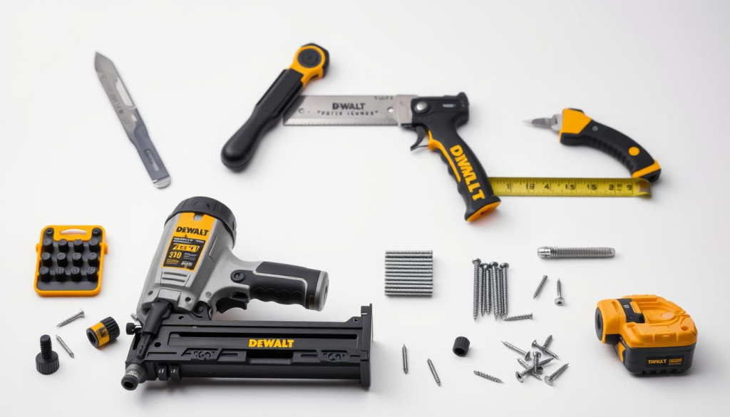 A neatly arranged still life of DEWALT drywall tool accessories against a clean, white background. In the foreground, a DEWALT drywall screw gun sits prominently, surrounded by various accessories like a magnetic bit holder, drywall screws, and a collated screw magazine. In the middle ground, a drywall knife, a utility knife, and a measuring tape create a sense of depth. The lighting is soft and diffused, accentuating the metallic and matte finishes of the tools. The overall mood is professional, organized, and focused on the essential DEWALT drywall tools and accessories.