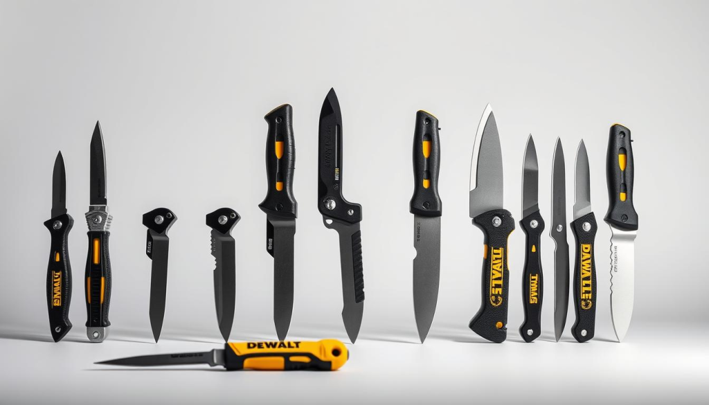 A neatly arranged still life showcasing a diverse selection of high-quality DEWALT knives against a clean, minimalist background. The knives are positioned in the foreground, each one meticulously detailed, capturing the sleek design, sharp blades, and durable construction. The middle ground features a neutral color palette, allowing the tools to take center stage. Soft, directional lighting casts subtle shadows, emphasizing the contours and materials of the knives. The overall mood is one of professionalism, precision, and the promise of reliable performance, reflecting the brand's reputation for excellence in the world of power tools and accessories.