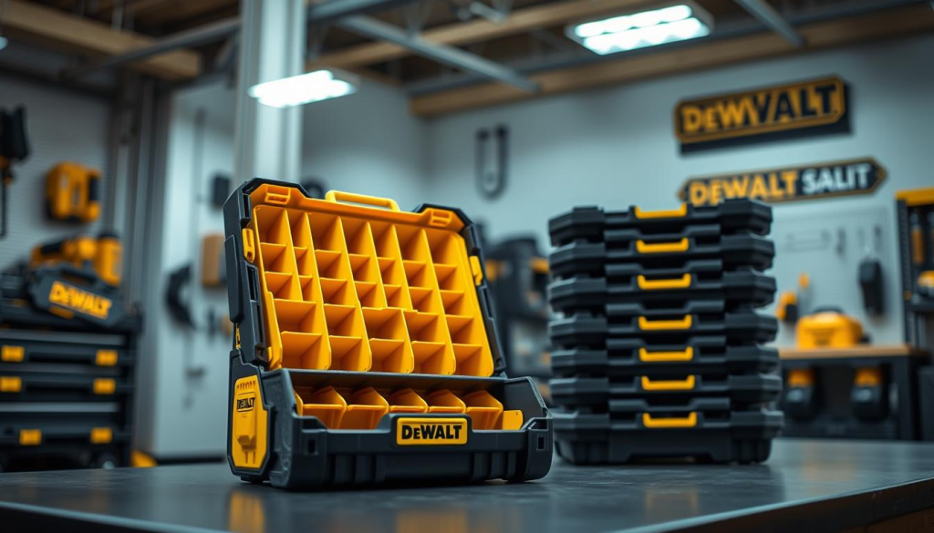 A neatly organized DEWALT TSTAK storage system, showcased in a well-lit workshop setting. The foreground features the TSTAK organizer, its various compartments and dividers clearly visible, conveying a sense of practical utility and precision storage. The middle ground includes additional TSTAK modules stacked alongside, hinting at the customizable, modular nature of the system. The background depicts a clean, modern workshop environment with subtle hints of DEWALT branding, creating a professional, industrial atmosphere. The image is captured from a slightly elevated angle, emphasizing the thoughtful design and functional elegance of the TSTAK organizer.