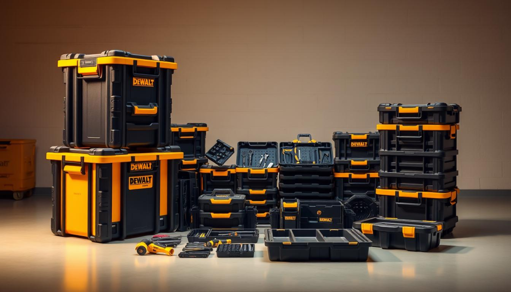 A neatly organized Dewalt Packout storage system, bathed in warm, directional lighting that accentuates the rugged, modular design. The foreground showcases the interlocking Packout boxes, their sturdy construction and sleek black and yellow color scheme. The middle ground features various Packout accessories, such as tool trays and organizers, arranged in a visually appealing manner. In the background, a clean, uncluttered workspace sets the stage, emphasizing the importance of maintaining an organized, efficient work environment. The overall composition conveys a sense of professionalism, functionality, and the value of a well-designed tool storage solution.