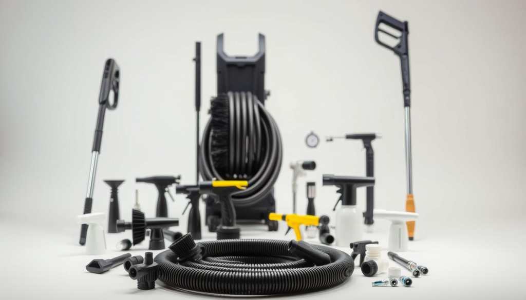 A neatly organized arrangement of high-quality pressure washer accessories, captured in a well-lit studio setting with soft directional lighting and a clean, uncluttered background. In the foreground, an assortment of attachments, nozzles, and brushes in various sizes and shapes, showcasing their versatility and functionality. In the middle ground, a selection of hoses, connectors, and adapters, highlighting the essential components that enable seamless operation. The background features a subtle, neutral-toned backdrop, allowing the accessories to take center stage and emphasize their professional-grade design and construction.