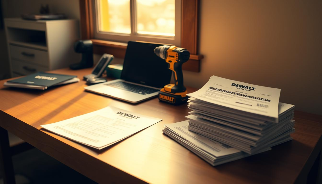 A neatly organized home office desk with a laptop, a DEWALT cordless power tool, and a stack of warranty documents. The desk is bathed in warm, natural lighting from a nearby window, casting a soft glow on the scene. The power tool is prominently displayed, drawing the viewer's attention to the focus of the image - understanding DEWALT's return policy. The warranty papers are carefully arranged, conveying a sense of organization and attention to detail. The overall atmosphere is one of professionalism and confidence in the brand's customer service.