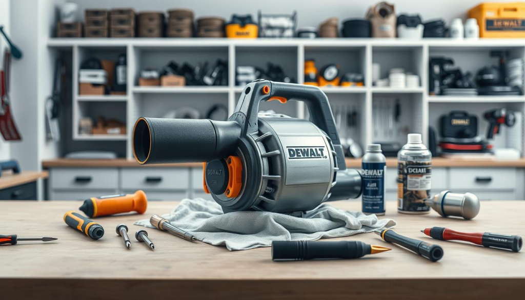A neatly organized workbench in a bright, airy workshop. In the center, a DEWALT air blower sits atop a clean cloth, surrounded by various maintenance tools - screwdrivers, brushes, and a can of compressed air. The blower's metallic body and orange accents are sharply in focus, illuminated by soft, diffused lighting from above. In the background, shelves of organized parts and accessories provide a sense of order and care. The overall atmosphere conveys professionalism, attention to detail, and a dedication to proper maintenance of this versatile outdoor cleaning tool.