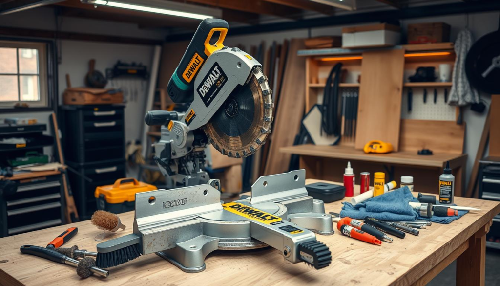 A neatly organized workbench in a well-lit garage, with a Dewalt 12" miter saw prominently displayed in the center. The saw's components are disassembled, showcasing the inner mechanisms and gears. Nearby, a collection of maintenance tools, such as brushes, lubricants, and a cleaning cloth, are arranged in an orderly fashion. The scene conveys a sense of expertise and diligence, with the goal of ensuring the longevity and peak performance of the Dewalt miter saw.