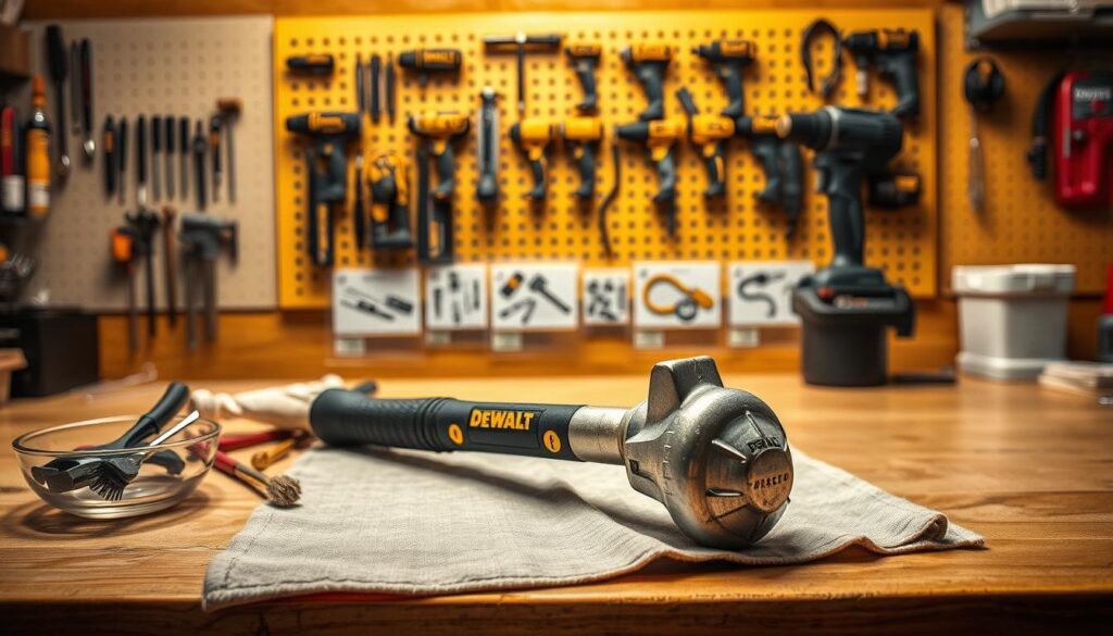 A neatly organized workbench under warm, directional lighting. In the foreground, a DEWALT hammer rests atop a clean cloth, its metal head gleaming. Nearby, a small bowl holds an assortment of tools - screwdrivers, pliers, and a wire brush. In the middle ground, a series of meticulously laid out steps illustrate the process of disassembling, cleaning, and reassembling the hammer. The background features a wall-mounted pegboard displaying a variety of DEWALT power tools, creating a professional, workshop-like atmosphere. The overall scene conveys a sense of care, attention to detail, and the importance of proper maintenance for a trusted DEWALT tool.