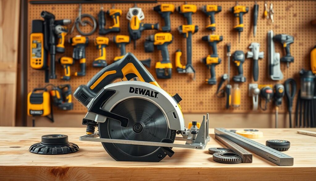 A neatly organized workbench with a DEWALT XR brushless circular saw at the center, its silver and black body gleaming under warm studio lighting. The saw sits atop a sturdy wooden surface, surrounded by various accessories like a blade guard, spare blades, and a rafter square. In the background, an array of DEWALT power tools hangs on a pegboard, providing a sense of the saw's place within a professional's toolkit. The scene conveys a sense of efficiency and preparedness, reflecting the reliable performance of the DEWALT XR circular saw.