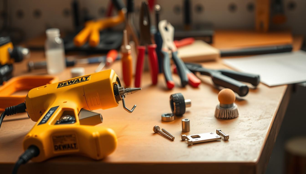 A neatly organized workbench with a DEWALT hot glue gun in the foreground, its components disassembled and laid out for inspection. Warm, focused lighting illuminates the intricate inner mechanisms, revealing the precise engineering and attention to detail. In the middle ground, a selection of maintenance tools - screwdrivers, pliers, and a cleaning brush - stand ready to assist in the careful servicing of the device. The background is softly blurred, emphasizing the importance of the task at hand. The overall atmosphere conveys a sense of technical expertise, reliability, and the pride of maintaining a high-quality, dependable tool.