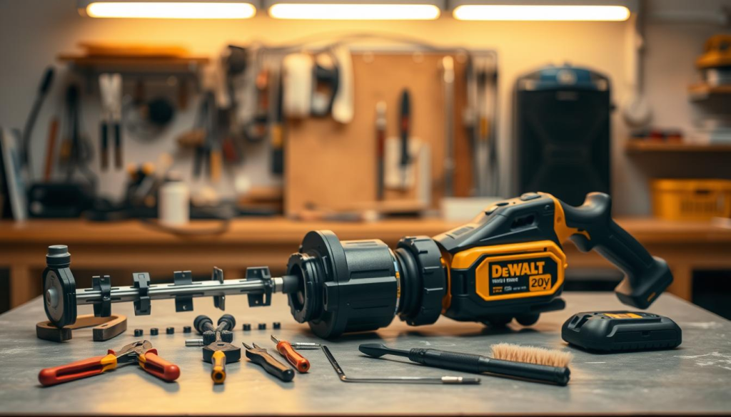 A neatly organized workbench with a Dewalt 20V weed eater in the foreground, its components disassembled and arranged with precision. In the middle ground, a set of maintenance tools - pliers, screwdrivers, and a brush - are laid out, suggesting a thorough cleaning and inspection process. The background features a softly lit, clean workshop environment, emphasizing the importance of a well-maintained tool for optimal performance and longevity. Warm lighting from overhead casts a subtle glow, creating a calm and focused atmosphere for the maintenance task at hand.