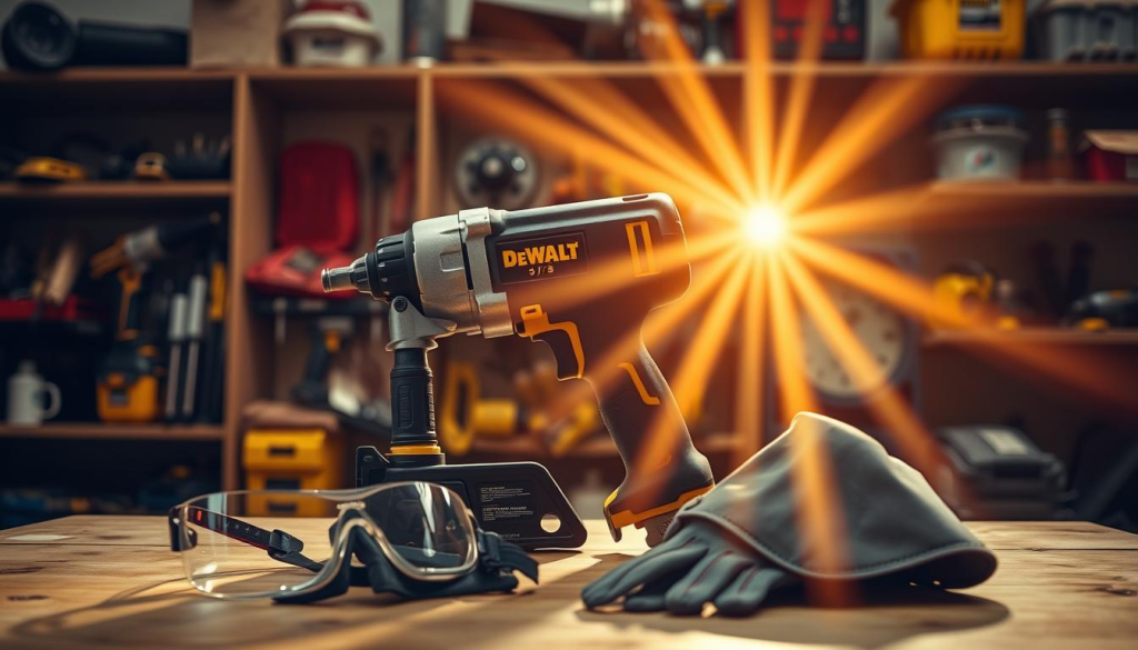 A neatly organized workshop with a DEWALT 3/8" impact gun resting on a sturdy workbench. Rays of warm, directional lighting cast dynamic shadows, highlighting the tool's sleek, industrial design. In the foreground, safety goggles, gloves, and a dust mask are carefully arranged, emphasizing the importance of proper protective equipment. The background features shelves stocked with various power tools and accessories, creating a sense of a well-equipped, professional workspace. The overall mood is one of focused, responsible use of heavy-duty power tools.