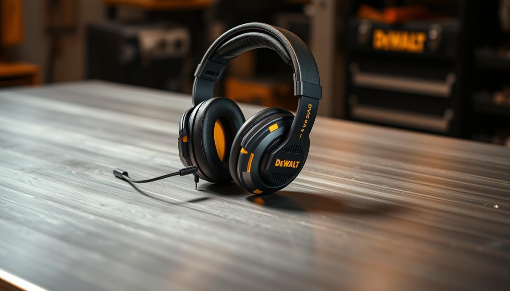 A pair of DEWALT over-the-ear headphones with a flexible microphone boom sits atop a sturdy, brushed metal workbench. The headphones have a sleek, industrial design with a matte black finish and yellow accents, reflecting the brand's signature aesthetic. Soft, padded ear cups provide comfortable long-wear. The microphone is positioned discretely to the side, ready to capture clear audio for conference calls or video recordings. Warm, directional lighting casts a subtle glow, highlighting the product's high-quality construction and attention to detail. The image conveys a sense of reliability, productivity, and professionalism - essential attributes for DEWALT earphones tailored for demanding work environments.
