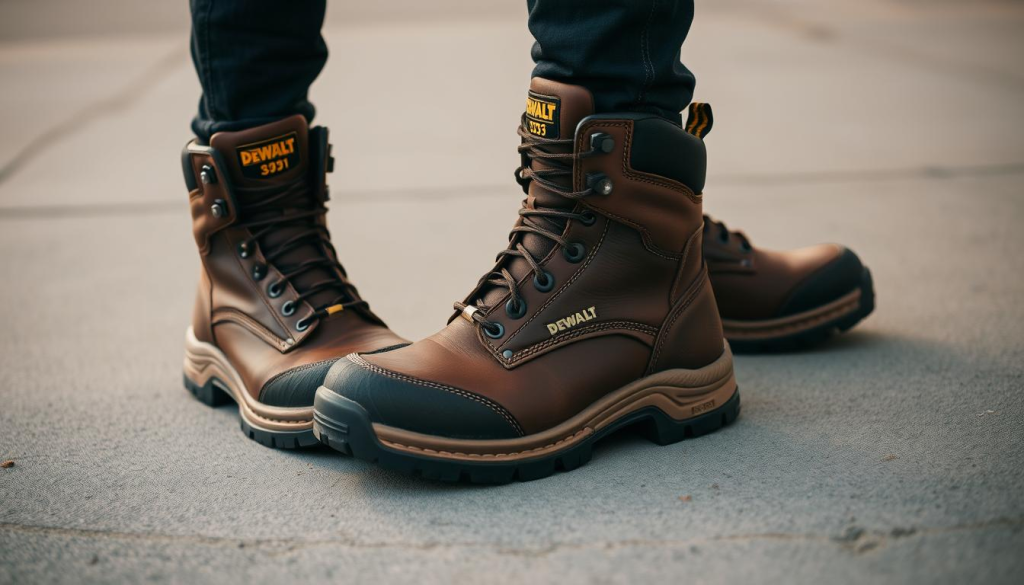 A pair of DEWALT steel-toe work boots, crafted with rugged durability. The boots stand firmly on a concrete surface, showcasing their sturdy construction and thick, grooved soles for superior traction. Warm, directional lighting casts subtle shadows, highlighting the textured leather uppers and reinforced toe caps. The boots embody a sense of dependability and protection, perfectly suited for tough, demanding work environments. The composition places the boots in the center, allowing the viewer to clearly appreciate their robust design and practical features.