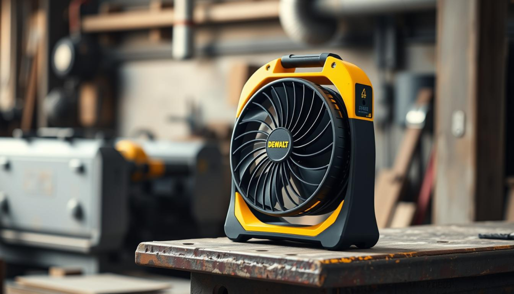 A portable DEWALT fan standing prominently on a sturdy, weathered workbench. The fan is sleek and modern, with a matte black finish and a striking yellow accent. Crisp, directional lighting illuminates the fan from the side, casting dynamic shadows that emphasize its sculptural form. In the background, a blurred industrial workshop setting with hints of machinery and tools, evoking a sense of functionality and ruggedness. The overall mood is one of practical utility and versatile power, ready to provide cooling relief in any work or leisure setting.