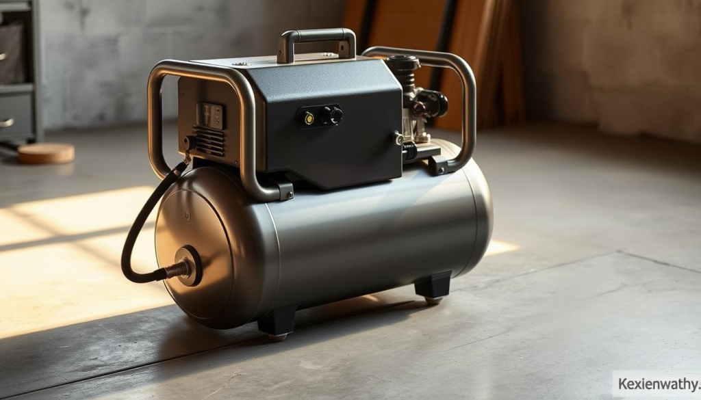 A portable air compressor with a sturdy metal casing, standing on a smooth concrete floor. The compressor's sleek design features an ergonomic handle, large wheels, and various control knobs and ports, allowing for versatile applications. The scene is bathed in warm, directional lighting from a window, casting soft shadows and highlighting the compressor's shiny metallic surfaces. The overall mood is one of functionality and dependability, perfectly suited for a variety of workshop or jobsite tasks.