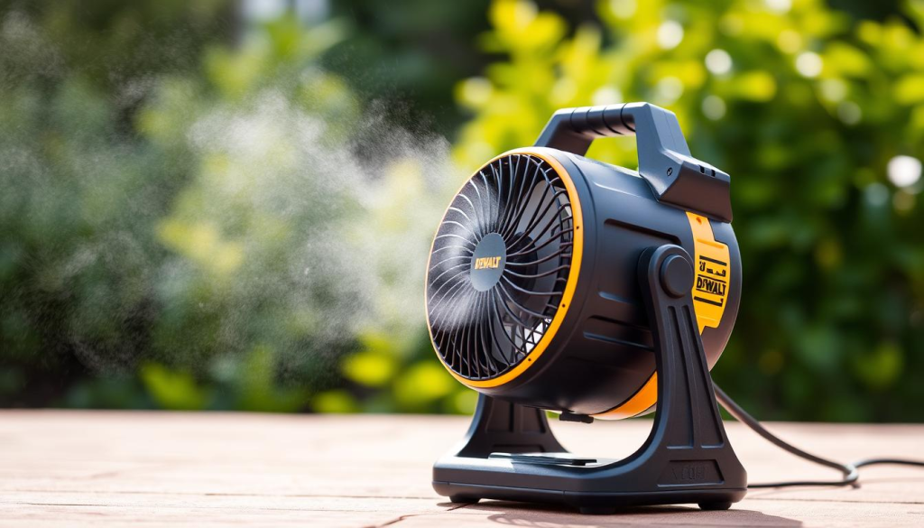 A portable and compact DEWALT misting fan stands prominently in the foreground, its sleek black and yellow design gleaming under soft, natural lighting. The fan's adjustable nozzles are positioned to create a gentle, mist-infused airflow, conveying a refreshing, rejuvenating atmosphere. In the middle ground, the fan's durable, rubberized handle and sturdy base are visible, emphasizing its portability and rugged construction. The background showcases a lush, verdant outdoor setting, hinting at the fan's intended use in providing cooling comfort in a variety of environments.
