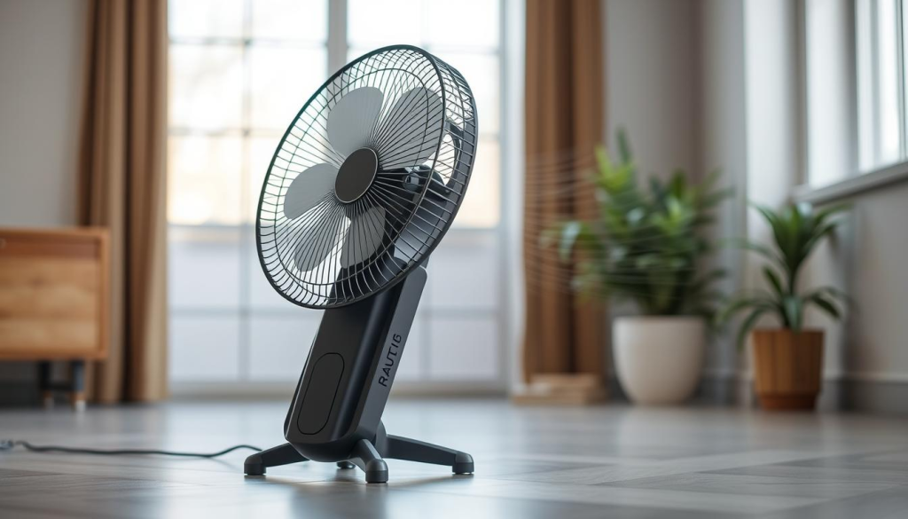 A portable cordless fan with a powerful rechargeable battery, standing in a well-lit indoor setting. The fan is angled slightly, showcasing its sleek and modern design. The body is made of durable and lightweight materials, allowing for easy maneuvering and placement. The fan blades gently rotate, creating a gentle breeze that ripples through the surrounding environment. The overall scene conveys a sense of convenience, efficiency, and versatility, highlighting the benefits of using a cordless fan.