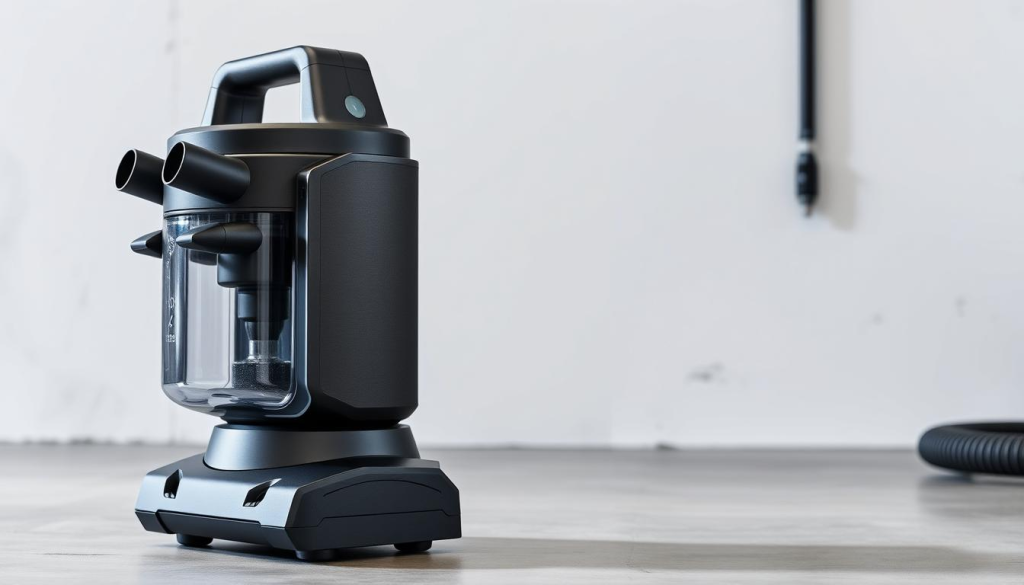 A portable, cordless shop vacuum with a sleek, modern design. Detailed in brushed metal and matte black, it stands upright on a sturdy base. The front features a large, transparent dust canister, allowing easy monitoring of debris. Powerful suction nozzles protrude from the sides, ready to tackle a variety of cleaning tasks. Soft, rubberized wheels enable smooth maneuverability across different surfaces. Bright, directional LED lights illuminate the work area, providing visibility in dimly lit spaces. The compact, ergonomic form factor allows for effortless storage and transport, making it the ideal companion for quick cleanups in workshops, garages, or job sites.