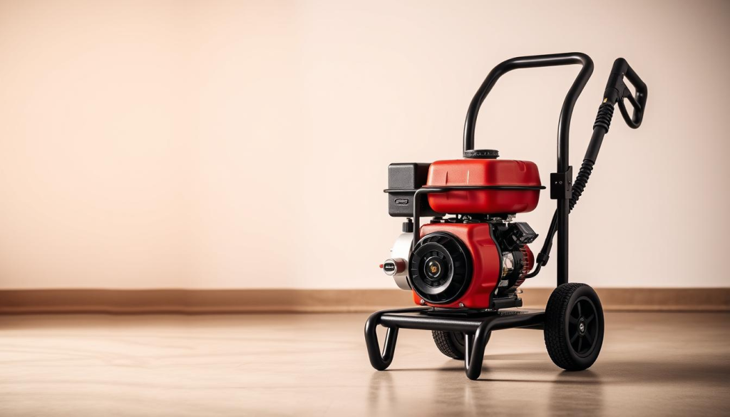 A portable gas-powered pressure washer stands on a flat surface, its sleek design and compact frame showcasing its user-friendly nature. The machine's high-pressure nozzle is prominently displayed, suggesting its powerful cleaning capabilities. Soft, diffused lighting illuminates the scene, creating a warm and inviting atmosphere. The pressure washer's controls and features are clearly visible, inviting the user to effortlessly operate the device. The background is uncluttered, allowing the focus to remain on the pressure washer's portability and ease of use, perfectly complementing the "User-Friendly Design" section of the article.