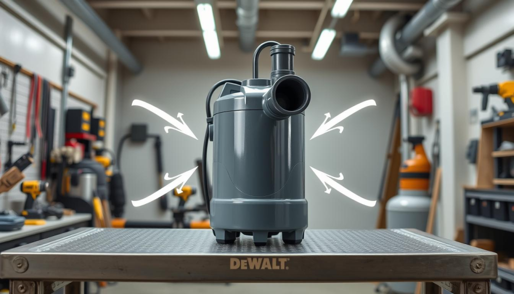 A portable transfer pump standing on a metal workbench, its sleek grey housing and sturdy construction reflecting the overhead studio lighting. The pump's intake and outlet ports are prominently featured, with dynamic arrow shapes indicating the fluid flow. The surrounding workspace has a clean, organized atmosphere, with various tools and equipment arranged neatly, conveying a sense of professionalism and attention to detail. The image showcases the pump's robust design and efficiency, perfectly aligning with the article's focus on the key features of the DEWALT transfer pump.