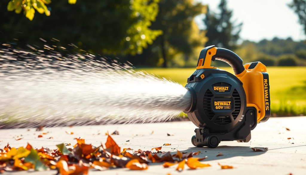 A powerful DEWALT 60V blower stands in a well-lit, spacious outdoor setting, generating a strong, swirling airflow. The device's sleek, modern design and metallic accents reflect the sun's rays, conveying a sense of high-performance and efficiency. In the foreground, fallen leaves and debris are being effortlessly swept away by the powerful air stream, showcasing the blower's impressive clearing capabilities. The mid-ground features a lush, verdant landscape, while the background suggests a serene, natural environment, emphasizing the device's suitability for outdoor cleaning tasks. The overall scene captures the DEWALT 60V blower's impressive performance, power, and efficiency in a visually striking manner.