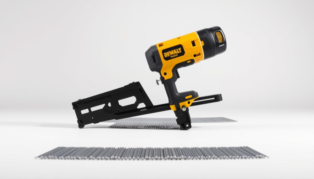 A powerful and professional-grade DEWALT cordless roofing nailer, captured in a clean, well-lit studio setting. The tool is positioned prominently in the foreground, showcasing its robust construction and sleek black and yellow design. The middle ground features a neatly arranged array of roofing nails, hinting at the tool's intended purpose. The background is a soft, neutral color, allowing the product to take center stage. The overall mood is one of efficiency, precision, and the high-quality workmanship that DEWALT is known for, reflecting the strengths of this specialized power tool.