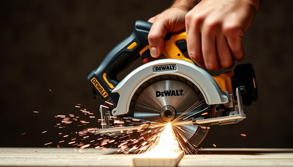 A powerful circular saw in action, its cordless design showcasing DEWALT's engineering excellence. The blade slices through wood effortlessly, sparks flying as it carves a clean, precise line. Crisp shadows and highlights accentuate the saw's sturdy build, while a soft, even light illuminates the scene, creating a sense of technical proficiency. The background fades into an abstract, subdued environment, allowing the saw's performance to take center stage. Captured from a slightly elevated angle, the image conveys the tool's reliable, high-powered capabilities.