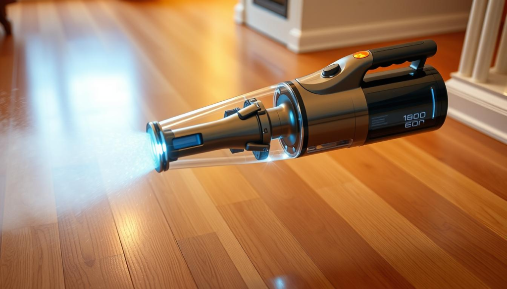 A powerful cordless vacuum cleaner hovers effortlessly over a clean hardwood floor, its sleek brushless motor whirring with precision. The suction nozzle glides smoothly, picking up dust and debris with ease, while the transparent canister fills up rapidly, showcasing the impressive performance. Bright LED lights illuminate the path, allowing for clear visibility and thorough cleaning. The vacuum's ergonomic handle and lightweight design enable seamless maneuverability, making it a versatile tool for any household task. A warm, inviting ambiance fills the room, highlighting the cordless convenience and exceptional cleaning power of this state-of-the-art vacuum cleaner.