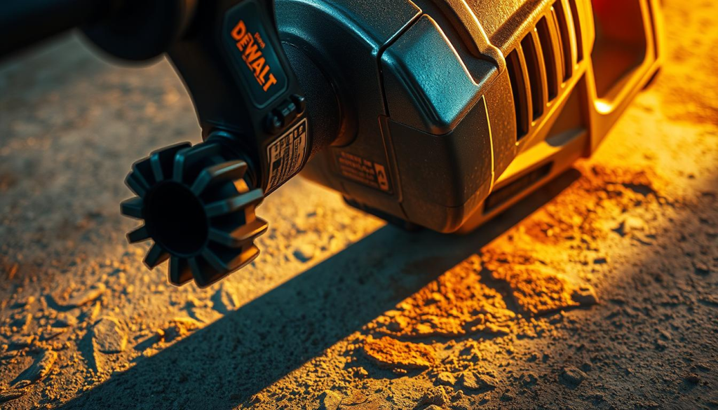 A powerful demolition hammer, its sturdy metal body glistening under the warm, directional lighting. The tool's sharp, serrated head casts dynamic shadows on the rough, concrete surface below. The scene conveys a sense of industrial strength and purpose, ready to tackle the most demanding demolition tasks. The camera angle is positioned to highlight the hammer's imposing presence, emphasizing its essential role in professional construction and renovation work. The overall mood is one of focused determination, capturing the essence of the DEWALT jackhammer as an indispensable tool for the job.