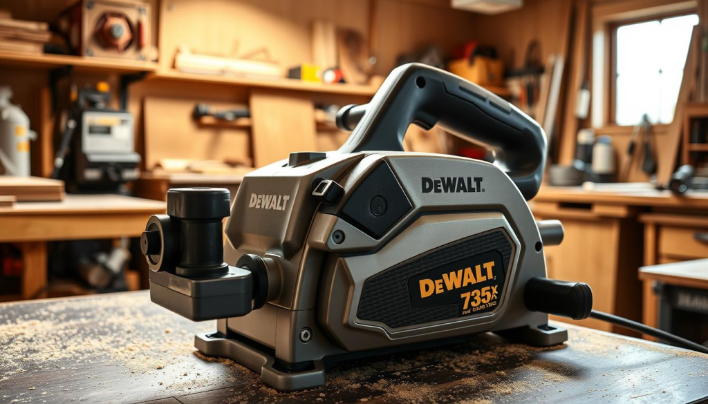 A powerful, professional-grade Dewalt 735x planer, its metallic gray body gleaming under bright, directional lighting. The planer's impressive 13-inch width and three-knife cutterhead are prominently displayed, conveying its industrial-strength capabilities. In the background, a woodworking workshop setting with sawdust-covered workbenches, shelves of tools, and the warm glow of ambient lighting. The overall scene evokes a sense of quality, precision, and the performance required for demanding woodworking tasks.