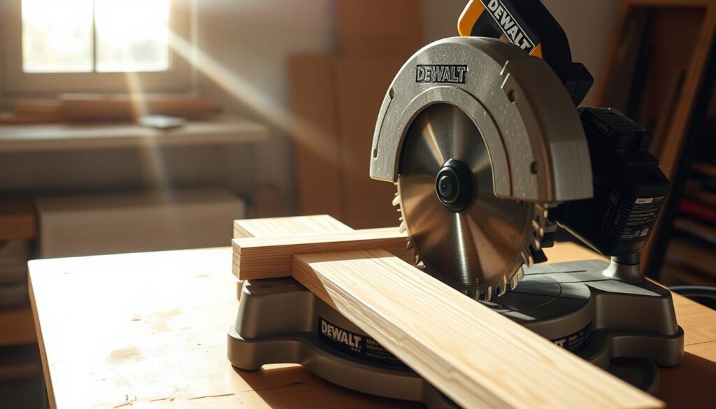 A precision-engineered DeWalt 10-inch miter saw sits on a clean, well-lit workbench. The sturdy blade slices through a piece of wood effortlessly, leaving a perfectly clean, angled cut. Bright sunlight streams in through a nearby window, casting a warm glow over the scene. The saw's powerful motor and finely-tuned mechanisms are visible, showcasing the impressive engineering that delivers accurate, reliable performance. The overall atmosphere conveys a sense of craftsmanship, attention to detail, and the confidence that comes from using a high-quality tool designed for precision woodworking.
