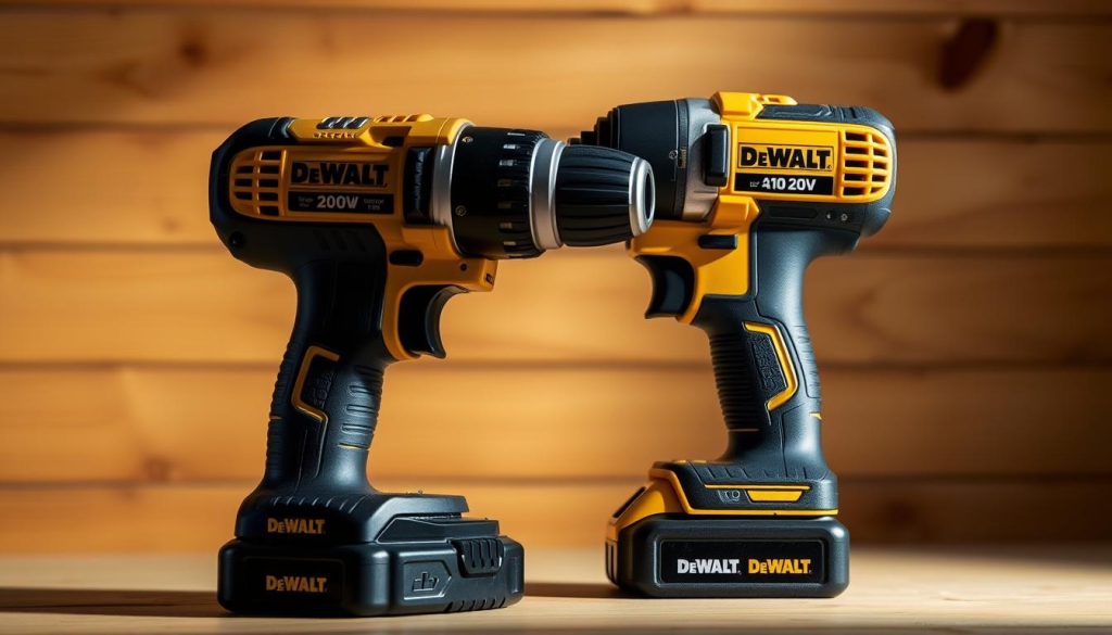 A pristine DeWalt 20V cordless drill and impact driver set, meticulously crafted and displayed against a warm, well-lit wooden backdrop. The tools have a sleek, brushed metal finish, their powerful yet ergonomic design evident in every detail. Ambient lighting casts soft shadows, highlighting the drill's textured grip and the impact driver's compact silhouette. The set is positioned to showcase their versatility, ready to tackle a wide range of DIY tasks with precision and efficiency. The overall scene conveys a sense of quality, reliability, and the pride that comes from using professional-grade power tools.