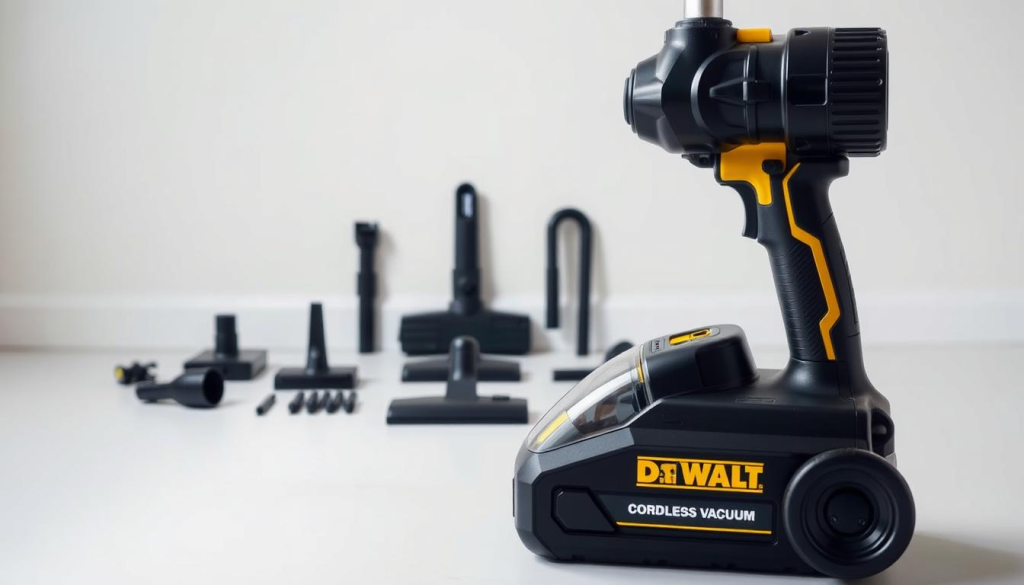 A pristine Dewalt 20V cordless vacuum stands prominently in the foreground, its sleek black and yellow body gleaming under the soft, diffused lighting. In the middle ground, the vacuum's accessories and attachments are neatly arranged, showcasing its versatility for tackling various cleaning tasks. The background is a clean, minimalist setting, allowing the vacuum to be the central focus, highlighting its compact and portable design for easy storage and use around the home.