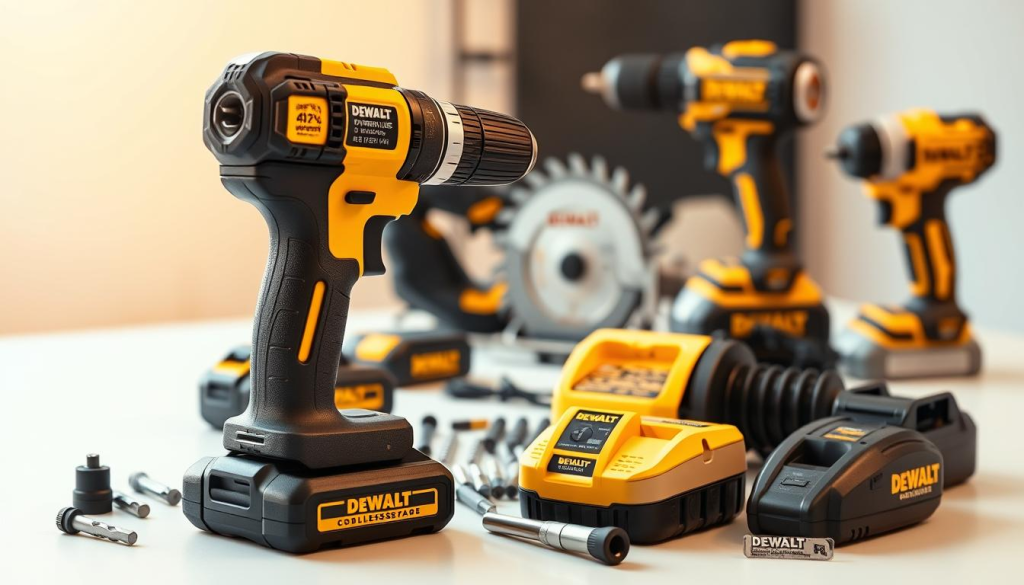 A pristine set of DEWALT cordless power tools, meticulously arranged on a clean, well-lit workbench. The foreground features a high-quality cordless drill, its sleek black and yellow design gleaming under warm, directional lighting. Surrounding it are various essential accessories - drill bits, driver bits, a battery pack, and a charger unit - all neatly organized and easily accessible. The middle ground showcases additional DEWALT tools, including a circular saw and an impact driver, hinting at the versatility of the brand. The background fades into a softly blurred, neutral-toned environment, allowing the tools to take center stage and highlighting their quality and functionality.
