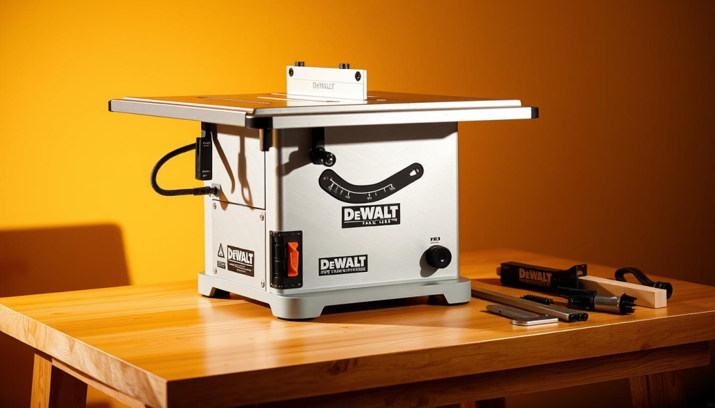 A pristine white DeWalt portable table saw sits on a polished wooden workbench, casting a soft shadow against a warm, golden-hued background. The saw's sleek brushed metal body and sturdy cast-iron table gleam under the gentle studio lighting, highlighting its precision-engineered design. Nearby, an array of accessories, such as a miter gauge, push stick, and blade guard, are neatly arranged, suggesting the saw's versatility and the user's attention to detail. The overall scene conveys a sense of professional-grade power and craftsmanship, perfectly suited for a woodworking enthusiast's workshop.