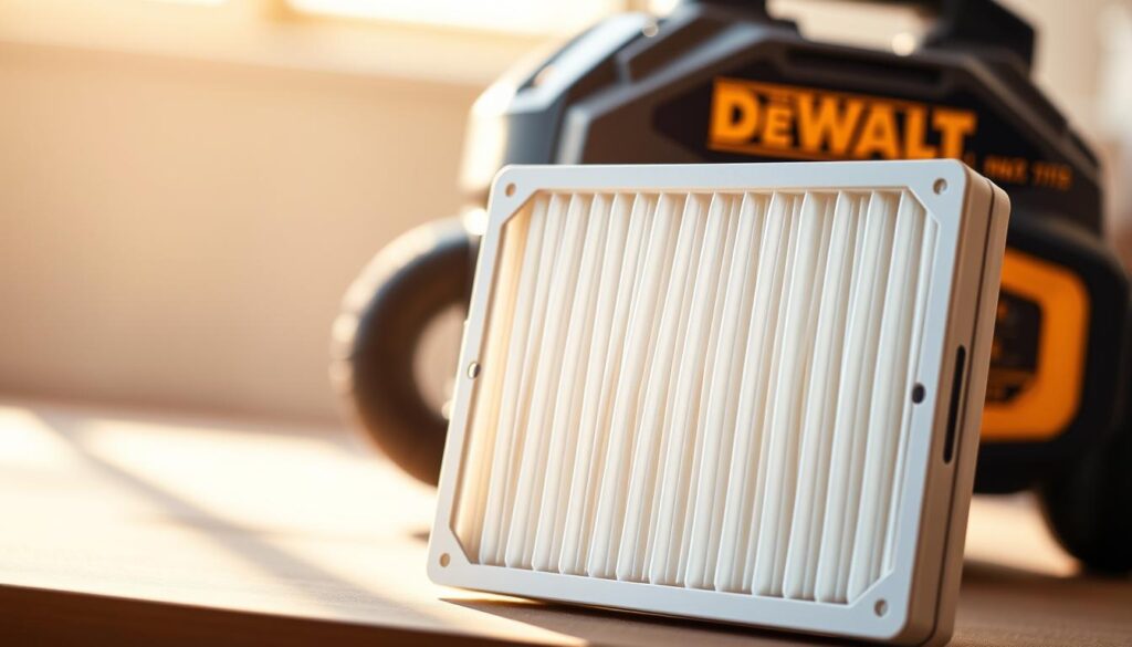A pristine white Dewalt HEPA filter sits prominently in the foreground, its intricate pleated design and sturdy construction capturing the attention. The filter is illuminated by warm, directional lighting, casting subtle shadows that accentuate its three-dimensional form. In the middle ground, a sleek Dewalt power tool, possibly a vacuum or dust extractor, provides context, hinting at the filter's intended purpose. The background is softly blurred, keeping the focus on the filter's engineering and functionality. The overall mood is one of precision, quality, and the efficient management of fine particulates, conveying the filter's suitability for specific, demanding tasks.