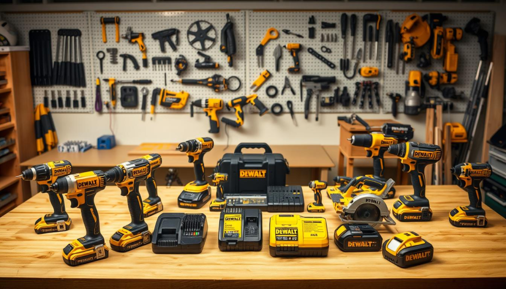 A pristine workshop setting with a centered, well-lit display of DEWALT 60V power tools. In the foreground, a selection of cordless drills, impact drivers, and circular saws stand out against a clean, wooden workbench. The middle ground features a range of DEWALT 60V batteries and chargers, showcasing the advanced power and efficiency of the system. In the background, a neatly organized pegboard displays a variety of compatible attachments and accessories, conveying the versatility of the DEWALT 60V lineup. The overall atmosphere is one of professional-grade quality, durability, and the confidence to tackle any DIY project.