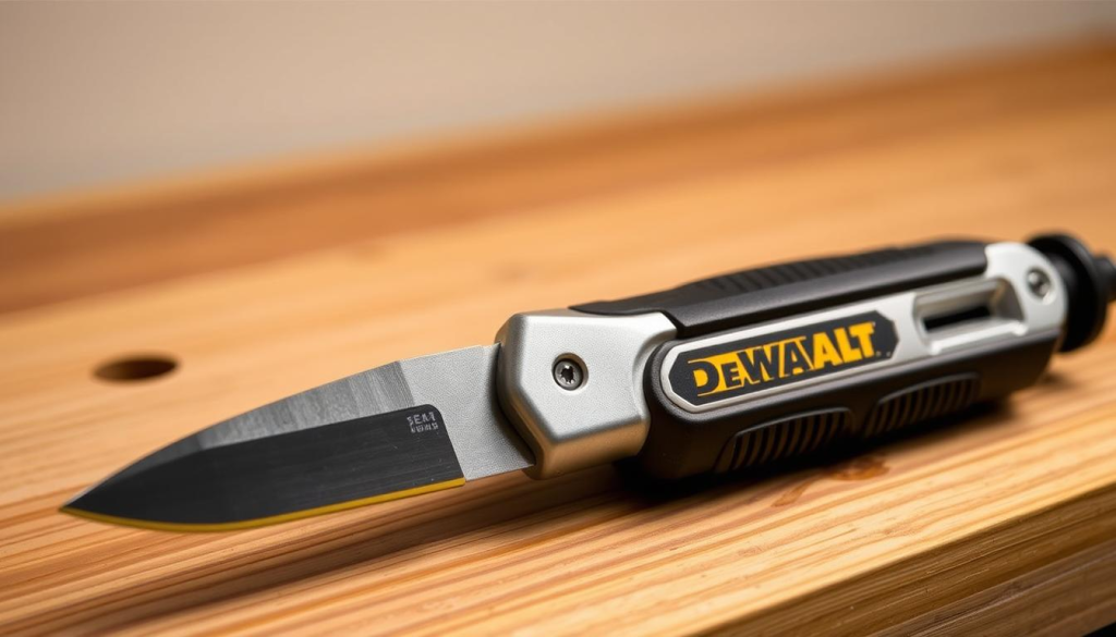 A professional DEWALT utility knife resting on a wooden workbench, with a crisp, clean background. The knife is in focus, gleaming with a metallic sheen, its sharp blade and ergonomic handle prominently displayed. Soft, directional lighting casts subtle shadows, highlighting the tool's sturdy construction and attention to detail. The scene conveys a sense of quality, reliability, and the precision associated with a DEWALT product, making it an ideal choice for the featured section on selecting the right utility knife.