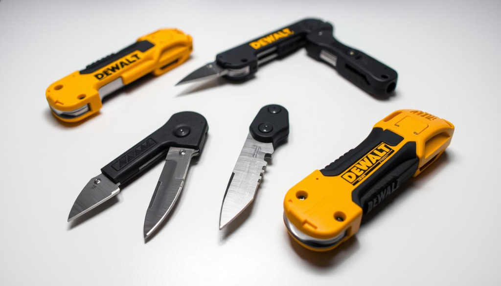 A professional comparison of DeWALT utility knives on a clean, well-lit tabletop. In the foreground, three DeWALT knives of different models are neatly arranged, their blades glistening under the soft lighting. The middle ground showcases the knives' key features, such as grip textures, blade shapes, and locking mechanisms, allowing viewers to appreciate the subtle design differences. The background is a simple, neutral-colored surface that keeps the focus on the knives. The overall scene conveys a sense of precision, quality, and attention to detail, reflecting the reputation of the DeWALT brand.