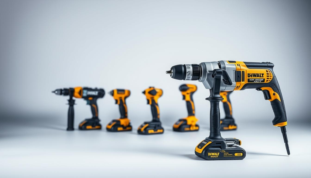 A professional comparison of DeWalt hammer drills against their closest competitors, showcased in a well-lit studio setting. The foreground features the DeWalt hammer drill prominently displayed, its sturdy construction and ergonomic design highlighted. The middle ground includes the competitor models, arranged neatly for side-by-side comparison. The background is a clean, minimalist backdrop, allowing the tools to be the focal point. Crisp, high-resolution photography captures every detail, with soft, diffused lighting that emphasizes the quality and precision of the products. The overall mood is one of authority, professionalism, and a focus on the technical specifications and performance capabilities of these powerful tools.
