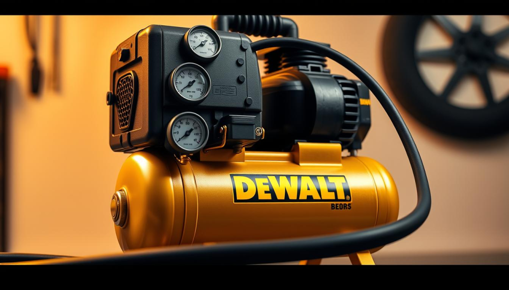A professional-grade DEWALT air compressor for automotive needs, illuminated by warm studio lighting. The foreground showcases the sleek, rugged design with sturdy metal housing and easy-to-read pressure gauges. The midground reveals the powerful motor and air hose attachment, ready to inflate tires, power tools, and other pneumatic equipment. The background features a clean, minimalist workspace, highlighting the compressor's versatility and suitability for a variety of automotive and DIY applications.
