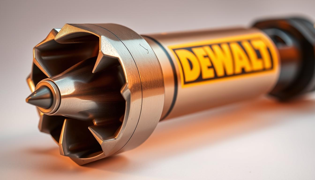 A professional-grade DEWALT auger bit, its metallic surface gleaming under warm studio lighting. The bit's robust, corrosion-resistant construction is showcased, with intricate details of its sharp, precision-engineered cutting edges. The auger's spiral flutes are prominently displayed, highlighting its efficient material removal capabilities. The image is captured from a slightly elevated angle, emphasizing the tool's sturdy, reliable design. The background is a clean, neutral tone, allowing the auger bit to be the central focus, conveying its exceptional drilling power and performance.