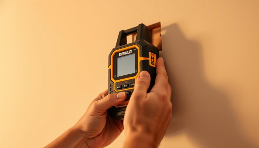 A professional-grade DEWALT electronic stud finder in use, held firmly against a light-colored drywall. The device's digital display and indicator lights are clearly visible, guiding the user's hand as they slowly move it across the wall, scanning for the hidden wooden studs behind. Warm, diffused lighting from an overhead source casts gentle shadows, highlighting the texture of the wall surface. The composition places the stud finder at the center, with the user's hands and the wall filling the frame, conveying a sense of careful, deliberate operation.