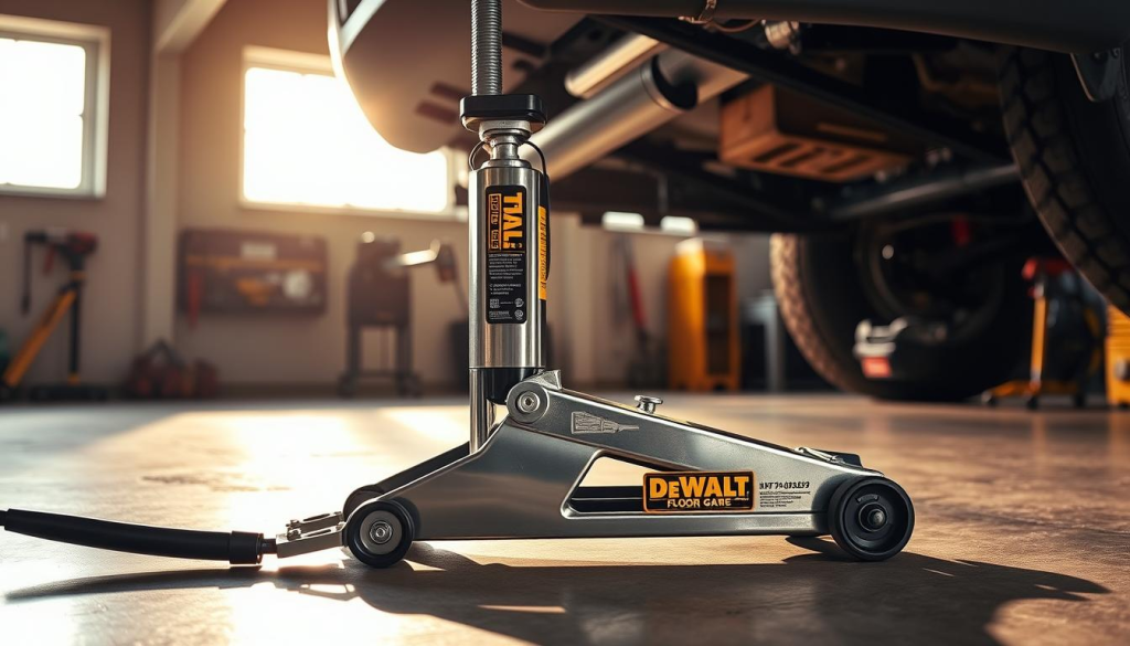 A professional-grade DEWALT floor jack standing tall in a well-lit garage, its sturdy steel frame and hydraulic lifting mechanism clearly visible. The jack's sleek design and chrome accents reflect the warm glow of overhead lighting, casting dynamic shadows across the smooth concrete floor. In the background, the silhouettes of other workshop tools and equipment suggest a functional, organized workspace. The scene conveys a sense of power, reliability, and the confidence one can have when using this high-quality DEWALT floor jack to effortlessly lift heavy vehicles for maintenance or repair.