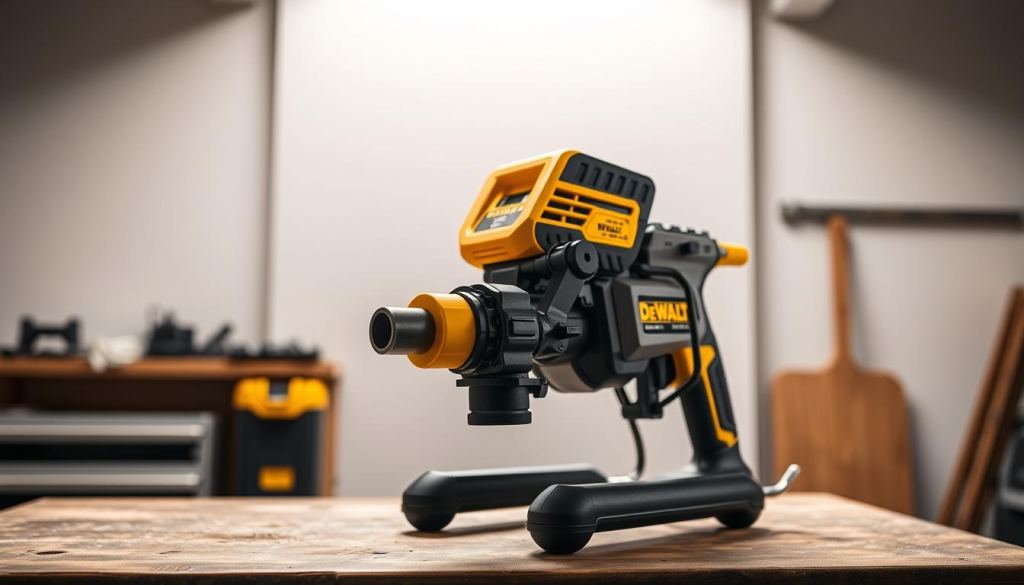 A professional-grade DEWALT sprayer setup stands ready on a sturdy workbench, its sleek design and bold yellow accents commanding attention. In the foreground, the sprayer's nozzle is poised, ready to unleash a precise, even mist of paint or sealant. The middle ground reveals the sprayer's controls, allowing the user to adjust pressure and flow with ease. In the background, a well-lit studio space provides an optimal environment for a seamless, high-quality paint application. Soft, directional lighting casts subtle shadows, highlighting the sprayer's sturdy construction and premium quality. This comprehensive setup embodies the power, precision, and versatility that defines the DEWALT brand, perfectly suited for elevating any painting project.