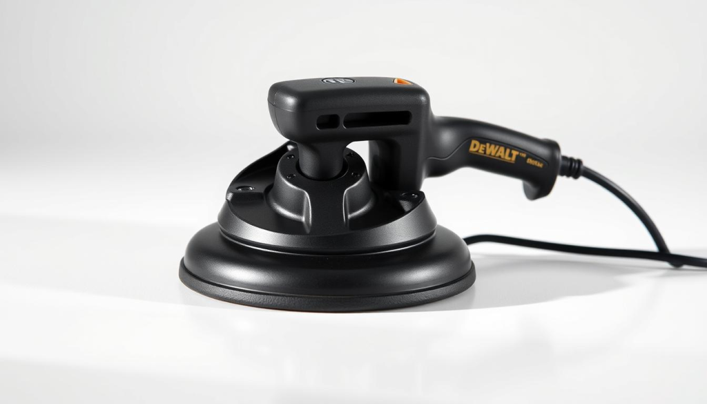 A professional-grade Dewalt Grabo Lifter, a powerful suction cup tool, resting on a sleek, minimalist surface. The matte black body and chrome accents gleam under soft, directional lighting, casting subtle shadows that accentuate the tool's ergonomic design. The suction cup at the center is prominently featured, its robust construction hinting at the device's remarkable lifting capabilities. The background is a clean, white studio setting, allowing the Grabo Lifter to be the sole focus of attention, ready to be showcased in an article about where to purchase this versatile and high-performance equipment.