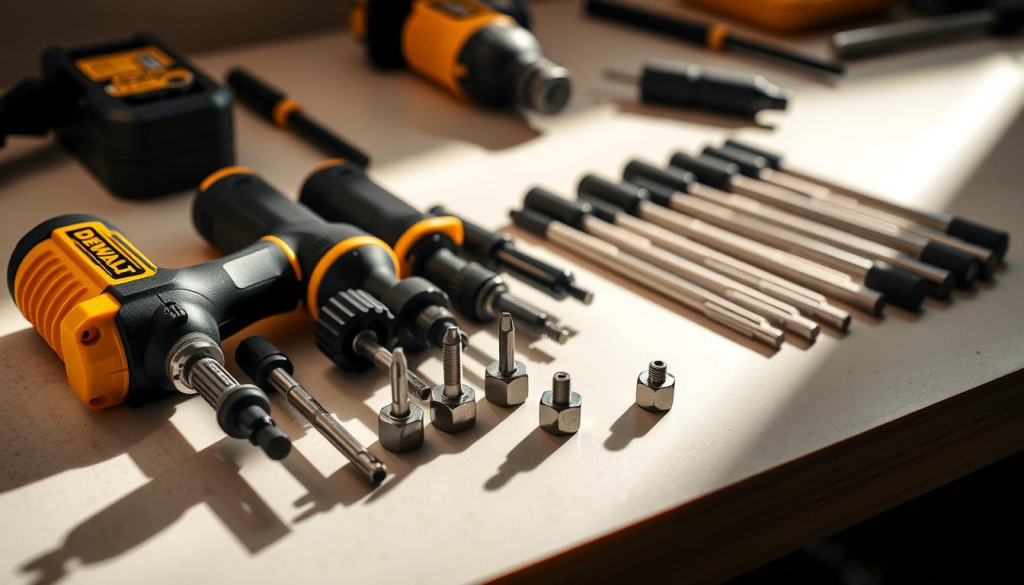 A professional-grade Dewalt nut driver set, meticulously arranged on a clean, well-lit workbench. The tools are presented in a visually appealing layout, casting soft shadows that accentuate their precision engineering. The set includes a variety of driver bits in various sizes, each with the iconic Dewalt branding prominently displayed. The lighting, slightly angled to create depth and dimension, enhances the high-quality materials and robust construction of the tools, conveying a sense of reliability and durability perfect for DIY projects. The overall mood is one of confidence, competence, and the promise of effortless, efficient fastener driving.